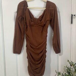 H43 Guess Long Sleeve Elegant Brown body con ruched short dress NWOT